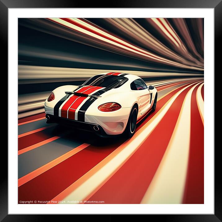 Speeding Sports Car with Racing Stripes on Track Framed Mounted Print by FocusArt Flow