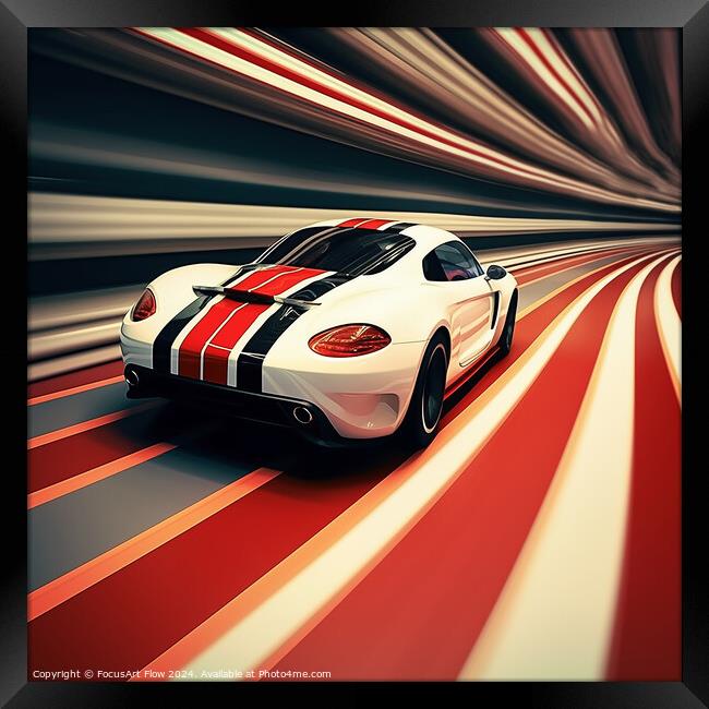 Speeding Sports Car with Racing Stripes on Track Framed Print by FocusArt Flow