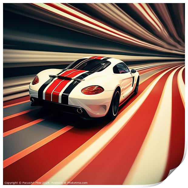 Speeding Sports Car with Racing Stripes on Track Print by FocusArt Flow