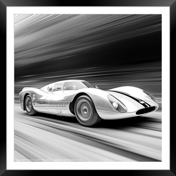 Classic 1960s Race Car Speeding on Track - Monochrome Framed Mounted Print by FocusArt Flow
