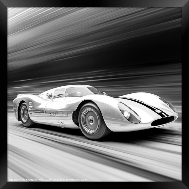 Classic 1960s Race Car Speeding on Track - Monochrome Framed Print by FocusArt Flow