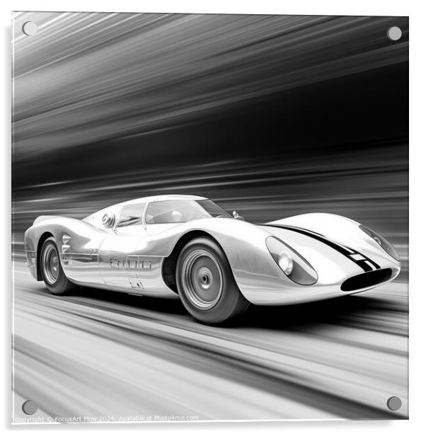 Classic 1960s Race Car Speeding on Track - Monochrome Acrylic by FocusArt Flow
