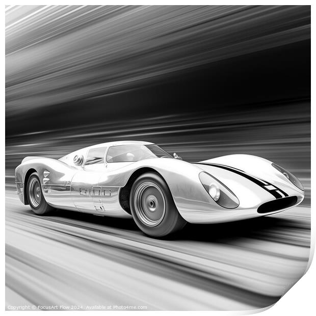 Classic 1960s Race Car Speeding on Track - Monochrome Print by FocusArt Flow