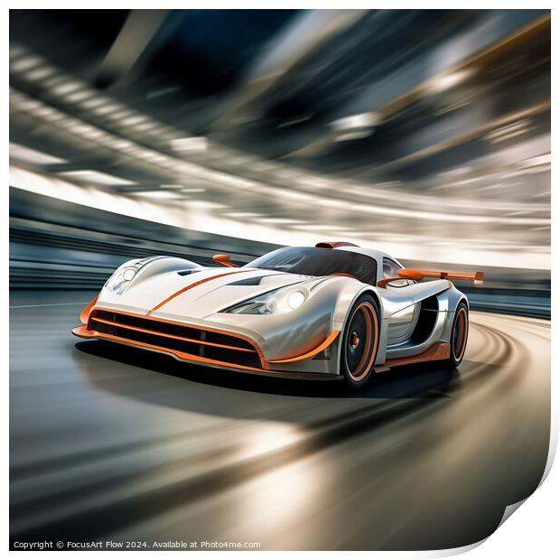 Hypercar in Accelerated Motion on a Professional Racetrack Print by FocusArt Flow