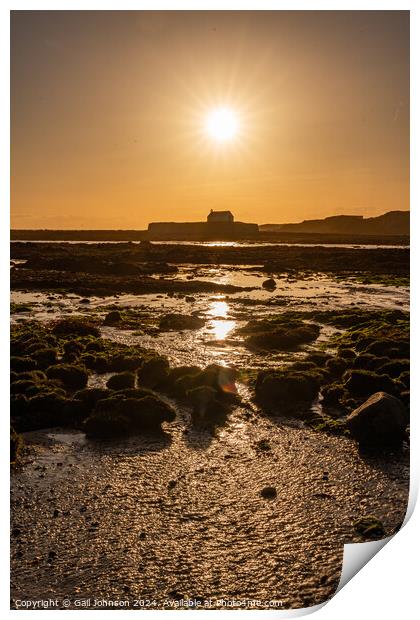 Church on the island at low tide, Abberfraw, Anglesey  Print by Gail Johnson
