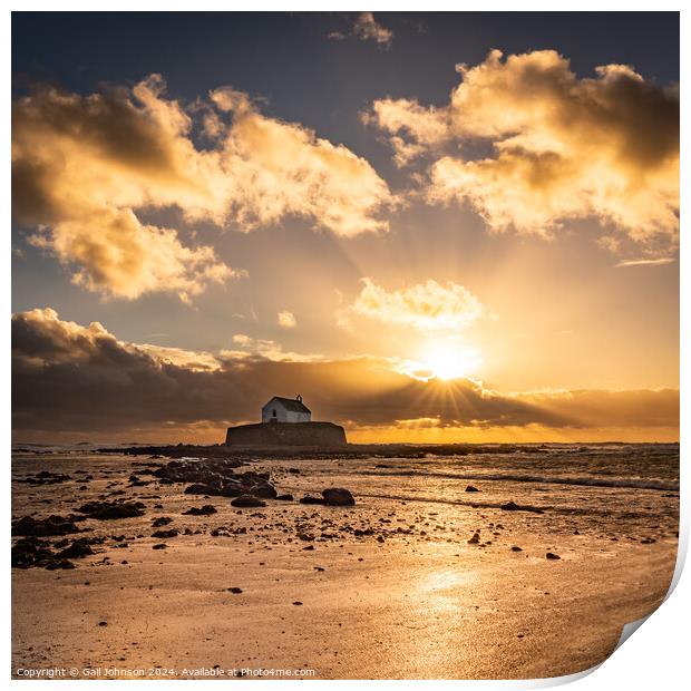 Sunset overlooking the church on an island -Isle of Anglesey Wal Print by Gail Johnson
