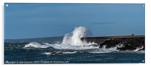 crashing wvaes at Holyhead Breakwater Anglesey  Acrylic by Gail Johnson