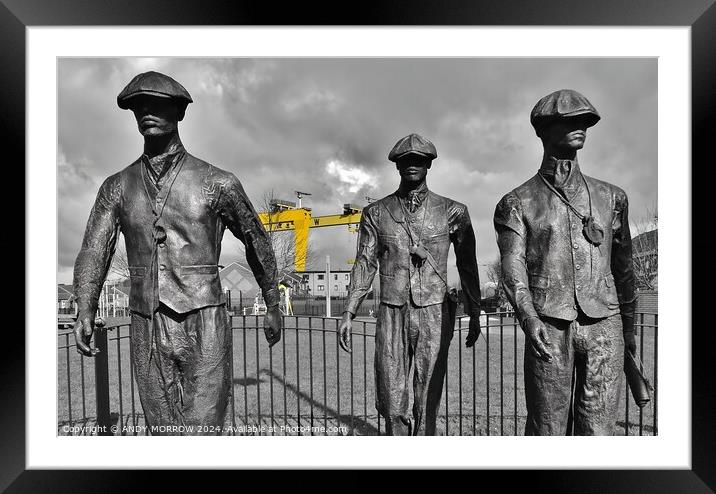 Belfast Shipyard Men Yellow Cranes Framed Mounted Print by ANDY MORROW