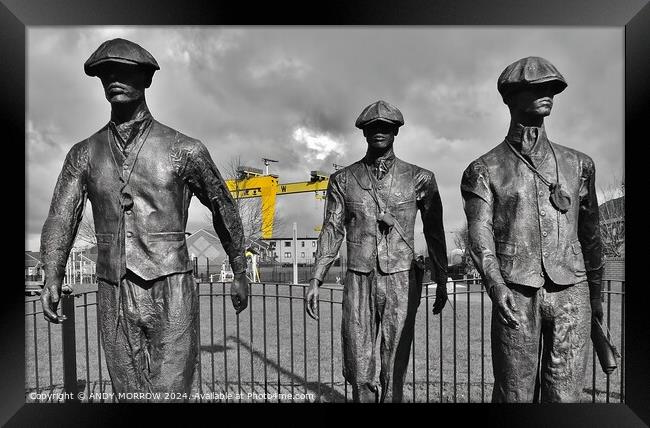 Belfast Shipyard Men Yellow Cranes Framed Print by ANDY MORROW