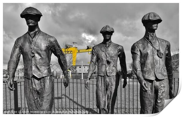 Belfast Shipyard Men Yellow Cranes Print by ANDY MORROW