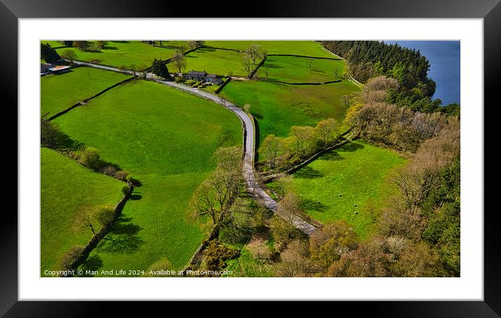 Aerial View of Green Landscape and Winding Road in North Yorkshire Framed Mounted Print by Man And Life