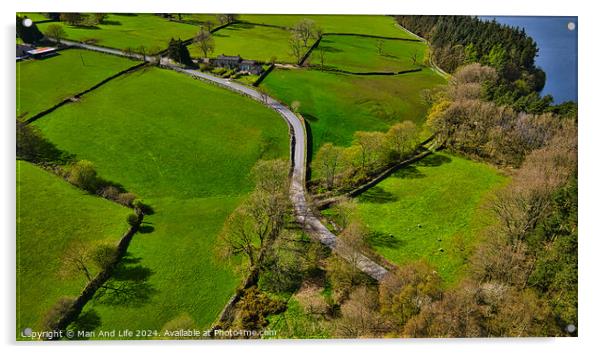 Aerial View of Green Landscape and Winding Road in North Yorkshire Acrylic by Man And Life