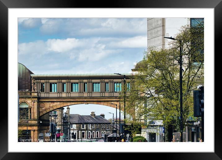 Urban Blend: Train Over Pedestrian Bridge in Harrogate, North Yorkshire Framed Mounted Print by Man And Life