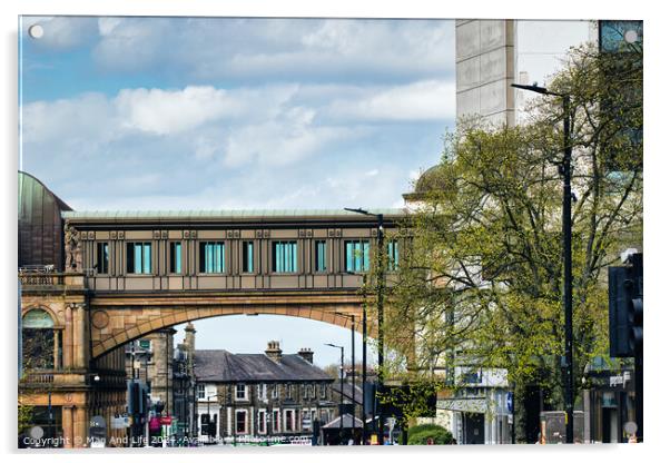 Urban Blend: Train Over Pedestrian Bridge in Harrogate, North Yorkshire Acrylic by Man And Life