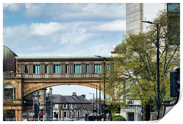 Urban Blend: Train Over Pedestrian Bridge in Harrogate, North Yorkshire Print by Man And Life