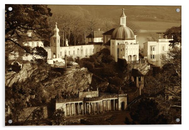 In The Village, Portmeirion 1, sepia Acrylic by Paul Boizot