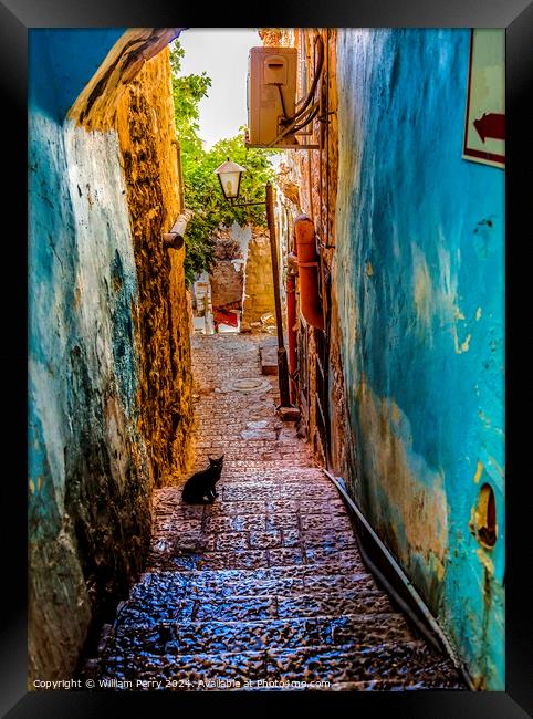 Old Stone Street Alleyway Black Cat Safed Tsefat Israel   Framed Print by William Perry