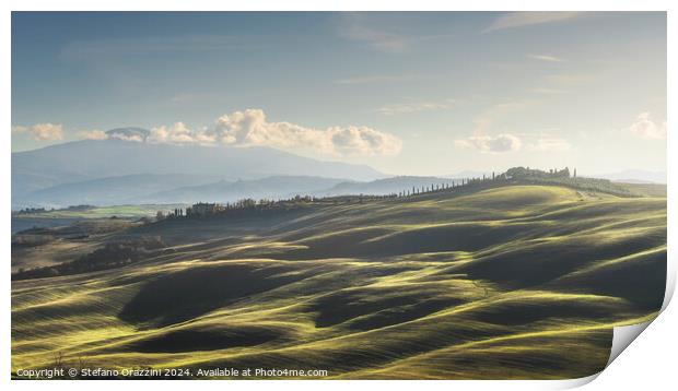 Landscape in Tuscany with farmhouse and rolling hills Print by Stefano Orazzini