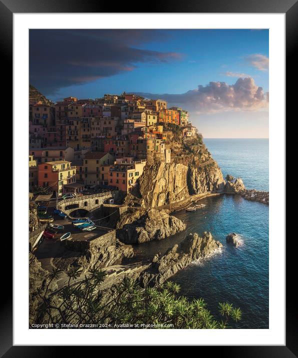 Manarola village, rocks and sea. Cinque Terre, Italy. Framed Mounted Print by Stefano Orazzini