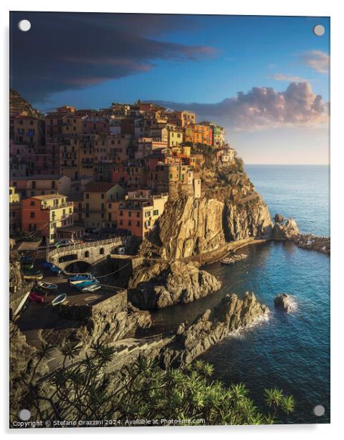 Manarola village, rocks and sea. Cinque Terre, Italy. Acrylic by Stefano Orazzini