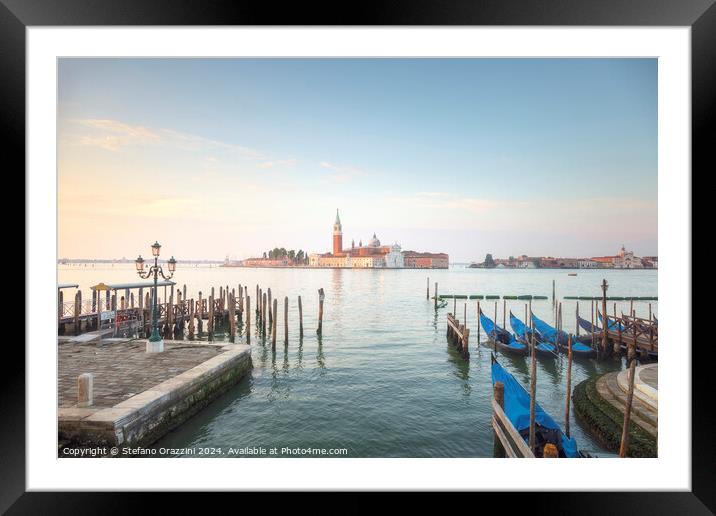 Venice, San Giorgio Maggiore church and gondolas at sunrise Framed Mounted Print by Stefano Orazzini
