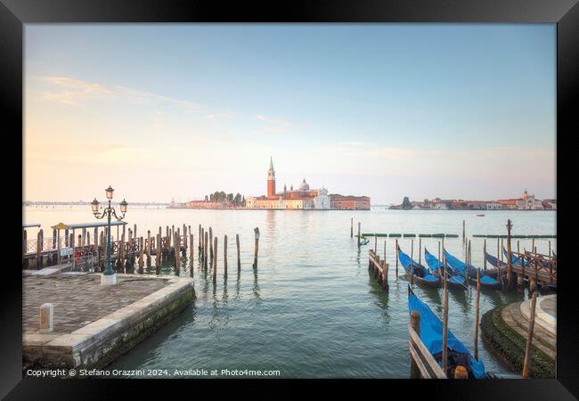 Venice, San Giorgio Maggiore church and gondolas at sunrise Framed Print by Stefano Orazzini