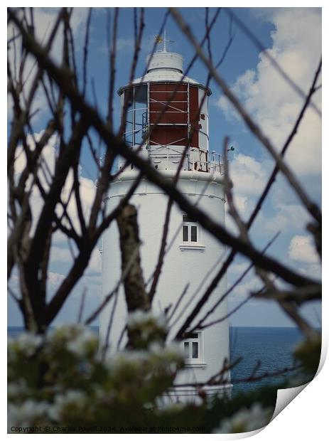 Trevose head lighthouse Print by Charles Powell