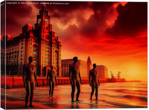 The Gormley's at Liverpool Pierhead (AI Generated) Canvas Print by John Wain