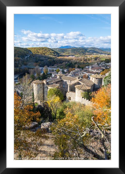 View over the roofs of the village of Vogüé. Vertical photogra Framed Mounted Print by Laurent Renault