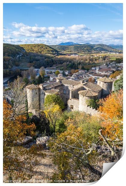 View over the roofs of the village of Vogüé. Vertical photogra Print by Laurent Renault