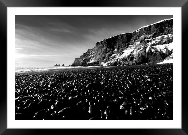 Reynisfjara Black Pebble Beach Iceland, Black and  Framed Mounted Print by Alice Rose Lenton