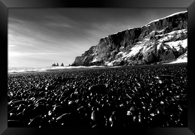 Reynisfjara Black Pebble Beach Iceland, Black and White Framed Print by Alice Rose