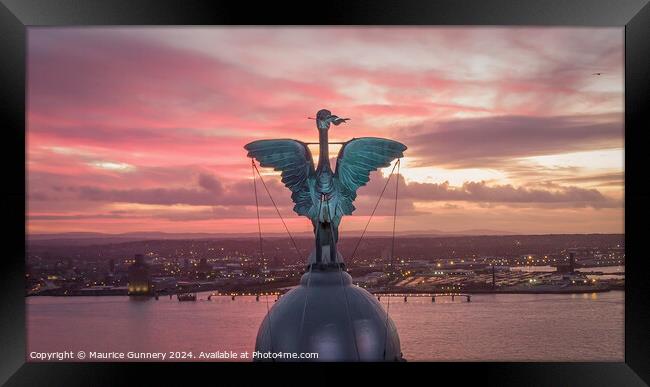 Liver bird sunset Framed Print by Maurice Gunnery