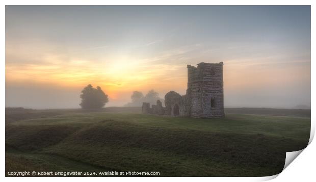 Misty sunrise at Knowlton Church Print by Robert Bridgewater