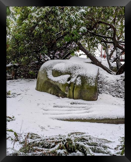 'Moss Lady' head and hand in snow Framed Print by Robert Galvin-Oliphant