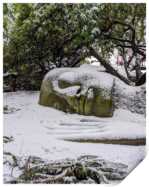 'Moss Lady' head and hand in snow Print by Robert Galvin-Oliphant