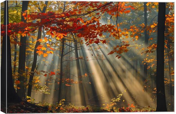 Autumn Woodland Sun Rays Canvas Print by T2 