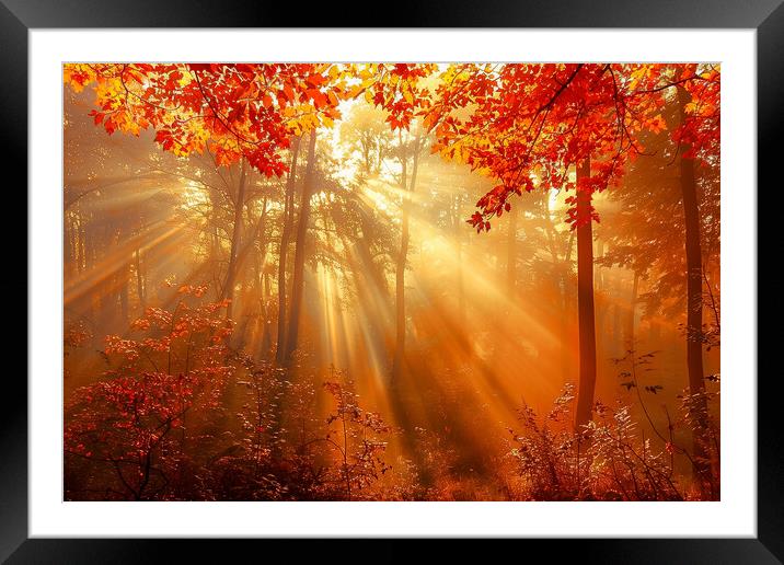 Autumn Woodland Sun Rays Framed Mounted Print by T2 