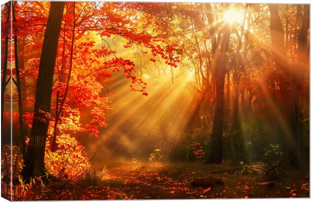 Autumn Woodland Sun Rays Canvas Print by T2 