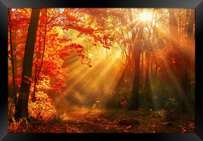 Autumn Woodland Sun Rays Framed Print by T2 