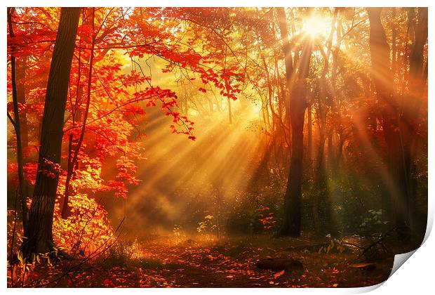Autumn Woodland Sun Rays Print by T2 
