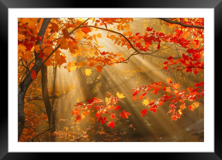 Autumn Woodland Sun Rays Framed Mounted Print by T2 