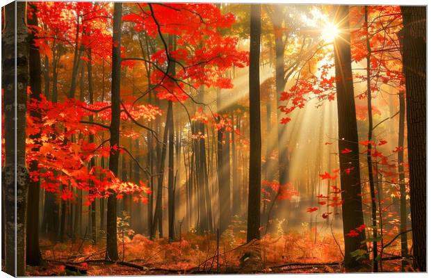 Autumn Woodland Sun Rays Canvas Print by T2 