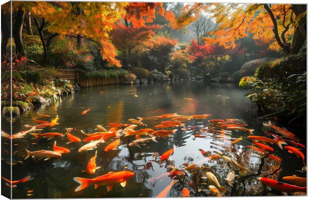 Koi Carp in a pond lined with autumn Japanese Maple trees Canvas Print by T2 