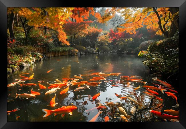 Koi Carp in a pond lined with autumn Japanese Maple trees Framed Print by T2 