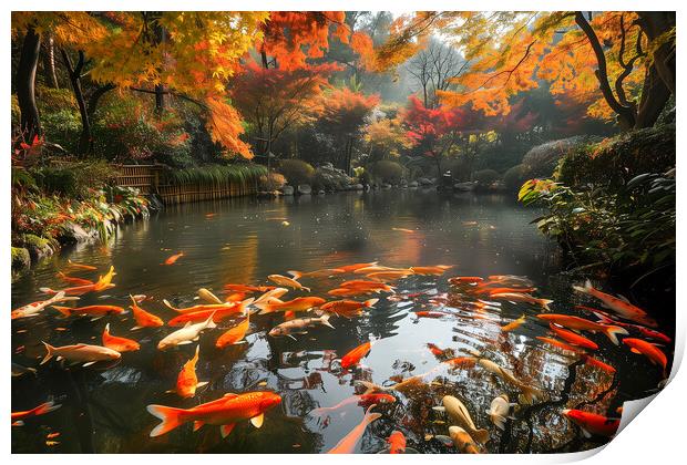 Koi Carp in a pond lined with autumn Japanese Maple trees Print by T2 
