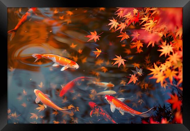 Koi Carp in a pond lined with autumn Japanese Maple trees Framed Print by T2 