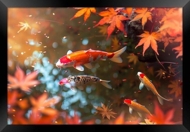 Koi Carp in a pond lined with autumn Japanese Maple trees Framed Print by T2 