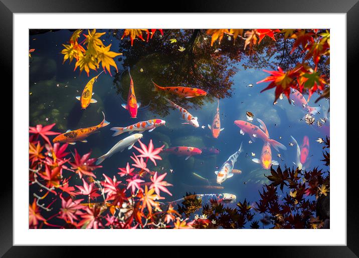 Koi Carp in a pond lined with autumn Japanese Maple trees Framed Mounted Print by T2 