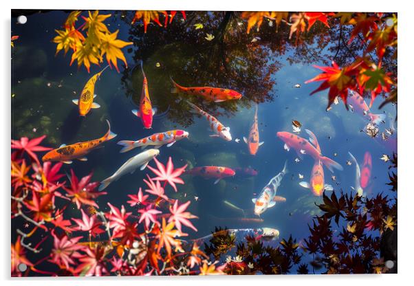 Koi Carp in a pond lined with autumn Japanese Maple trees Acrylic by T2 
